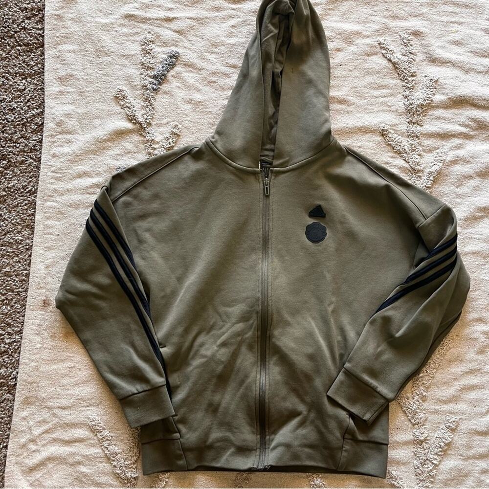 Adidas olive Green full Zip-Up Hoodie Black Stripes kids girls size large L 14